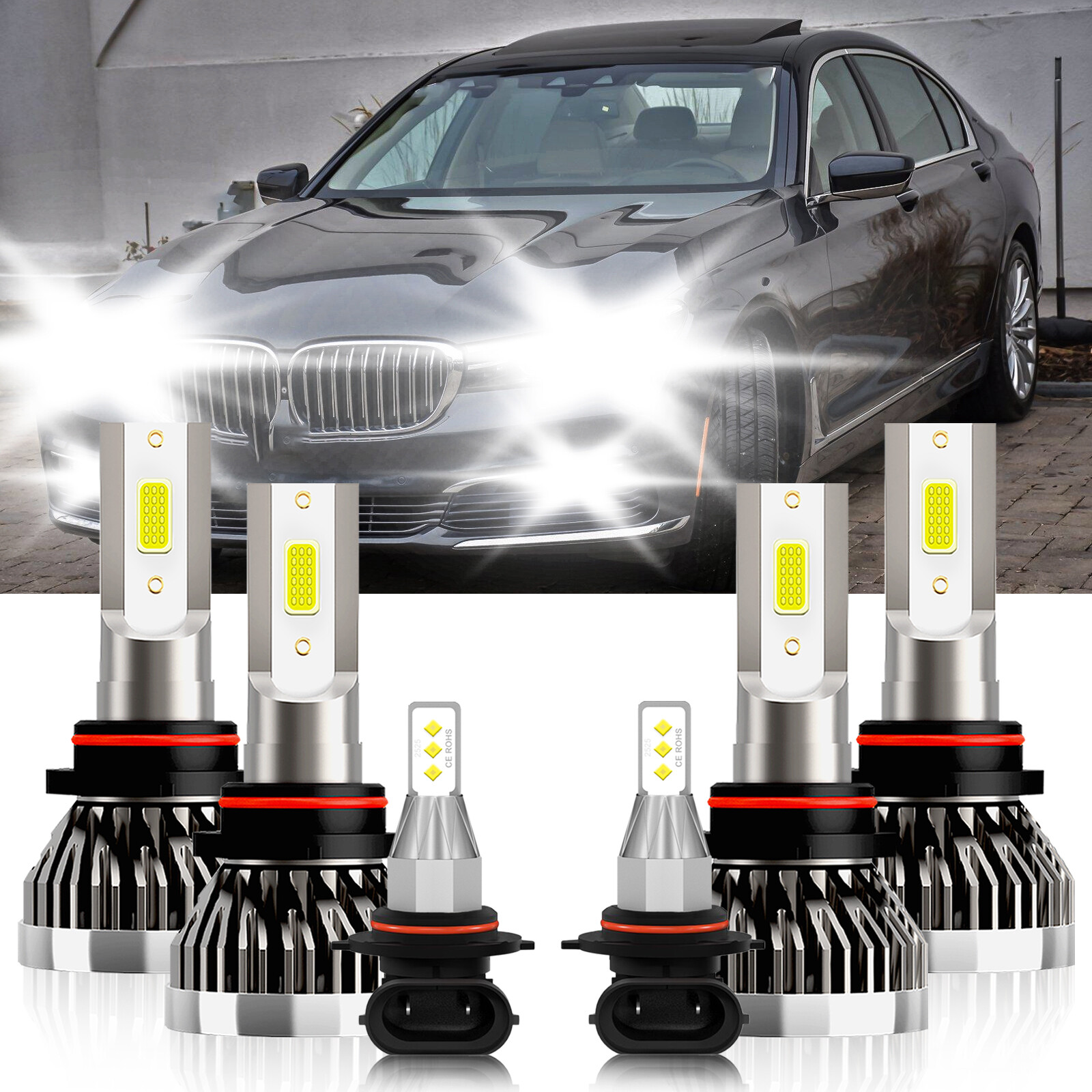 For BMW 740i 1993-1994 LED Headlight Hi/Lo+Fog light Combo Bulbs 6000K White