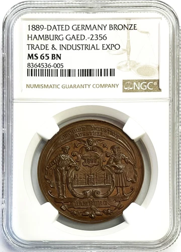 1889 GERMANY HAMBURG FREE CITY TRADE & INDUSTRIAL EXPOSITION MEDAL NGC MS 65 BN