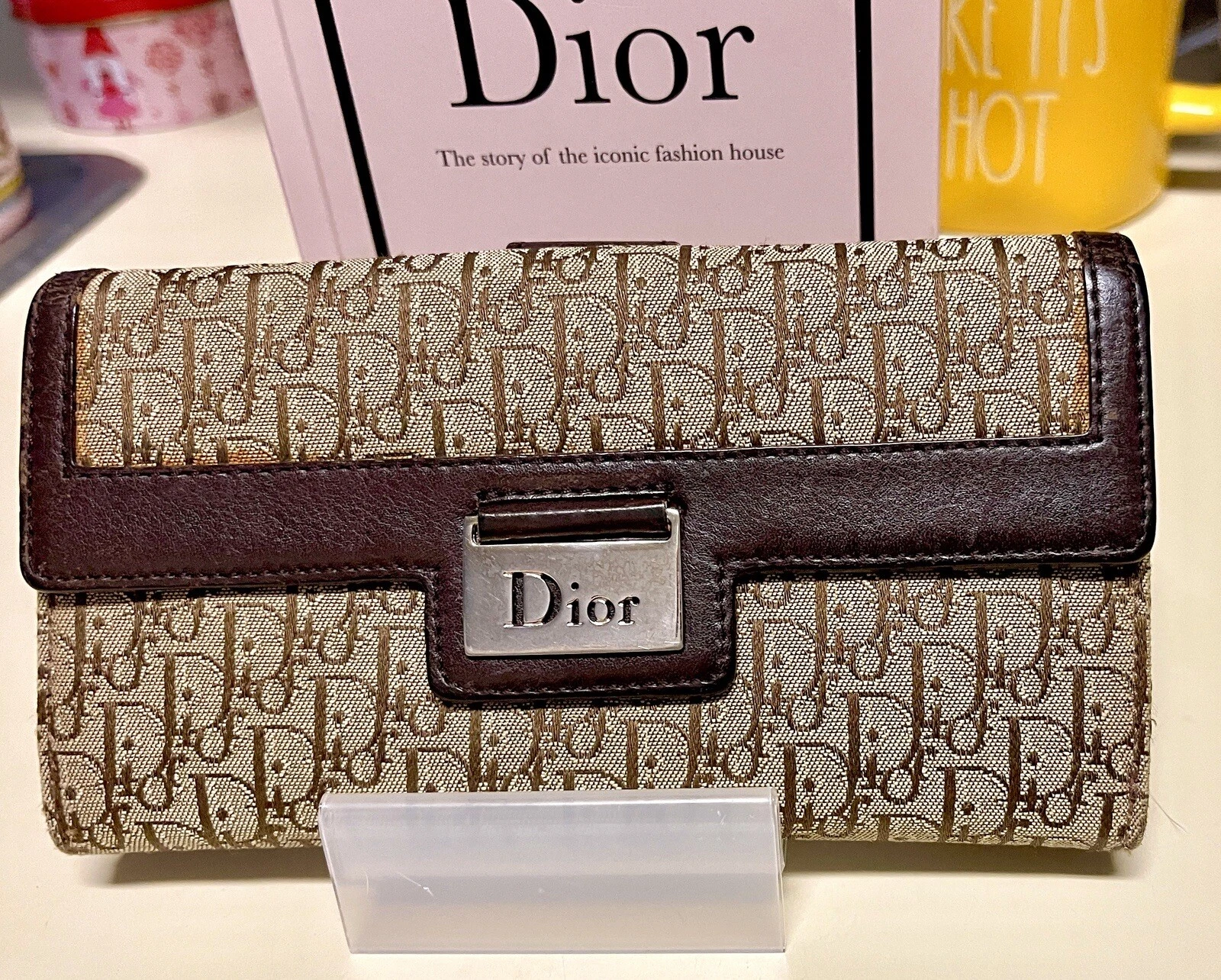 Portefeuille vintage Christian Dior Trotter cuir/toile oblique bronzage/marron emblématique Mo