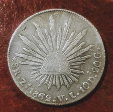 MEXICO 1862/1  Zs-VL 8 REALES LIBERTY CAP TYPE ~ SCARCE OVERDATE
