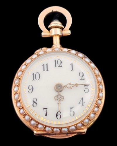 Antique Art Nouveau 18k Gold Diamond Pearl Enamel Pocket Watch Pendant- Estate - Picture 3 of 23