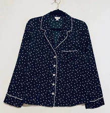 J Crew Top Womens Medium Black Polka Dot Pajama Style Siky Long Sleeve Preppy