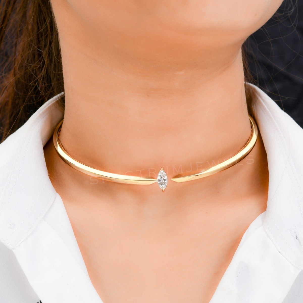Natural SI/H Marquise Diamond Choker Necklace 18k Yellow Solid