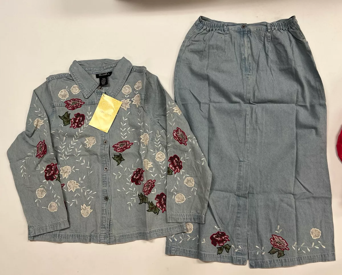 QVC Denim & Co Light Wash Jean Skirt & Jacket Set Size L Embroidered Floral