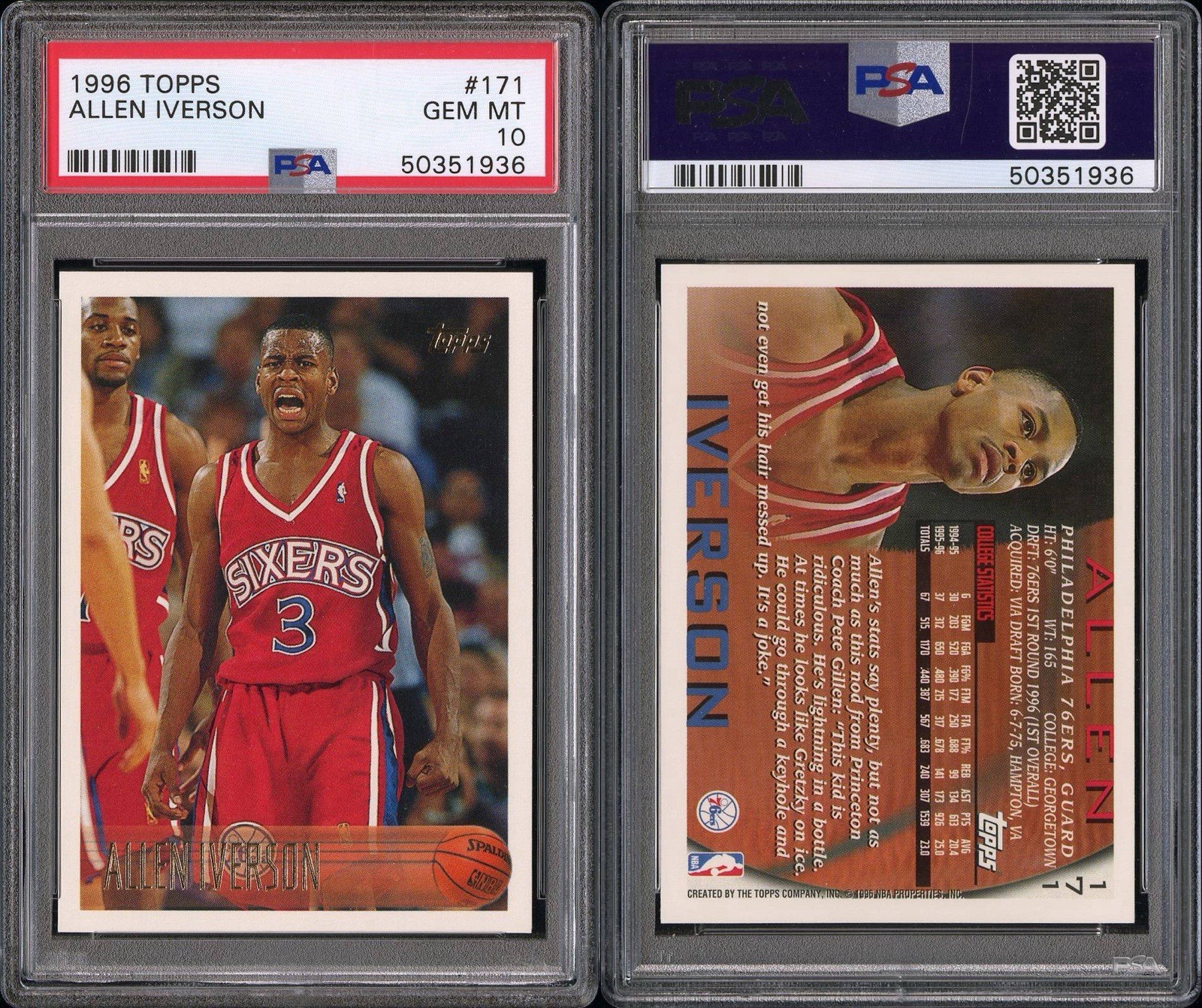 1996-97 Topps Allen Iverson #171 (RC) PSA 10 view 3