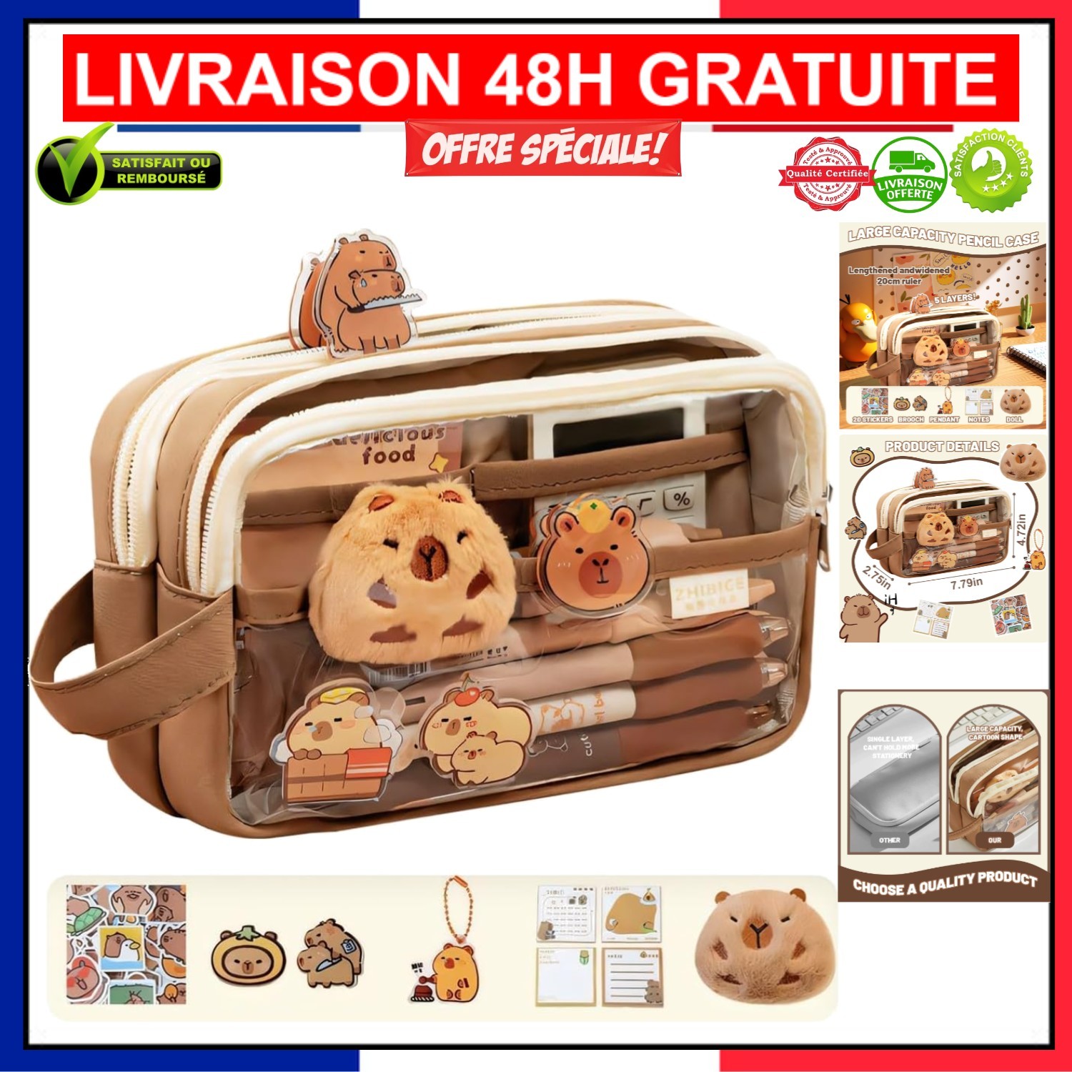 Trousse à crayons Capybara au bureau et à l'école grand format pastel