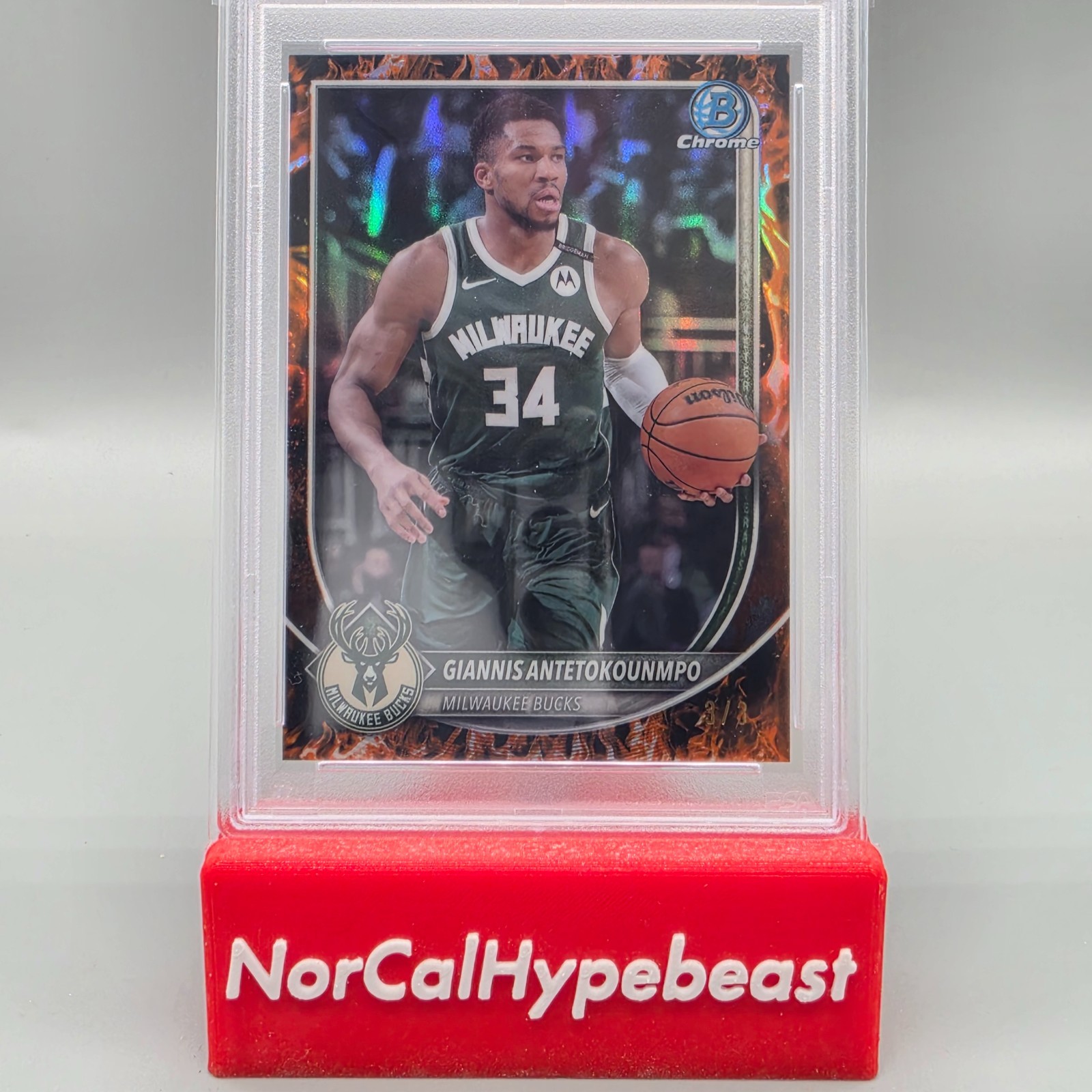 2025-26 Bowman Basketball GIANNIS ANTETOKOUNMPO Chrome FireFractor /3 PSA 9 MINT view 2