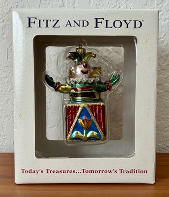 Vtg Fitz And Floyd Jack In The Box Jester Christmas Glass Ornament Retired NOS