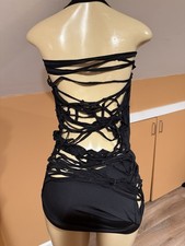 Black Little Mini Dress Shredded Open Back Y2k Halter Draped Plunge Neckline M