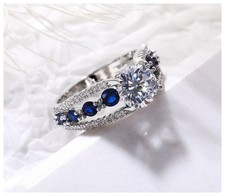 Blue open band round engagement Ring - Silver - CZs - Size 7