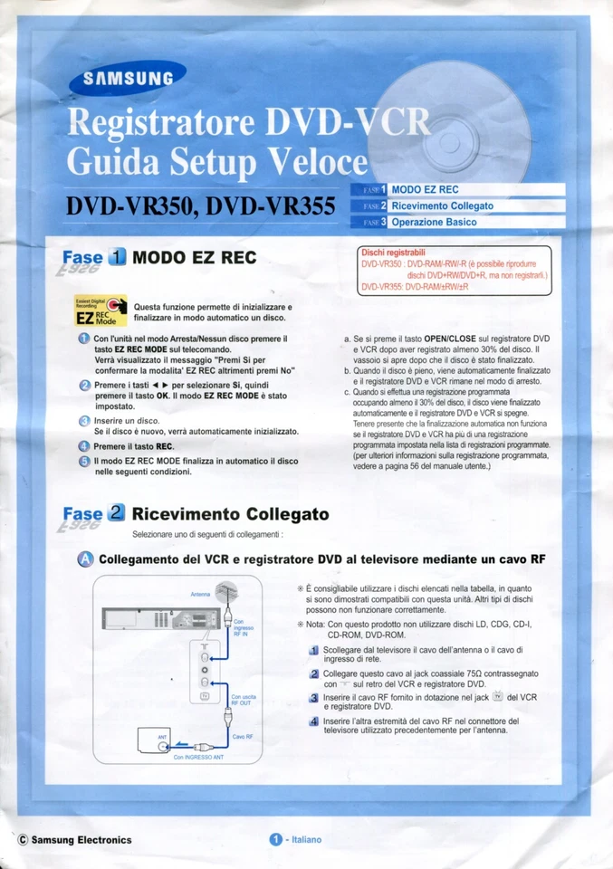SAMSUNG DVD-VR350 / 355 - MANUALE D'ISTRUZIONI - ITALIANO - Immagine 2 di 2