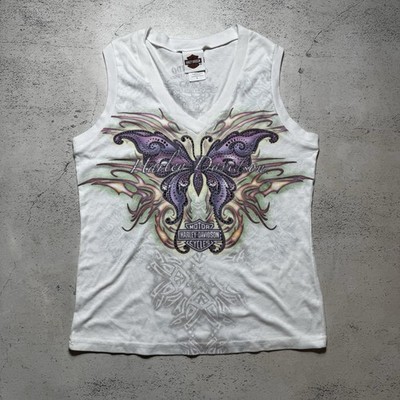 Women's Harley-Davidson t shirt butterfly print ed hardy type size l y2k 