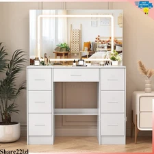 7 Drawers Vanity Table Set Dressing Makeup with Large LED Lighted Mirror Room