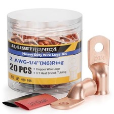 10pcs 2 AWG - 1/4" M6 Battery Cable Lugs, 2 AWG- 1/4" M6 Ring Bare Copper