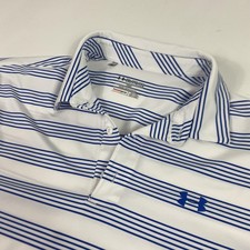 Under Armour Polo Shirt Mens 2XL White Blue Striped HeatGear Loose Golf Stretch