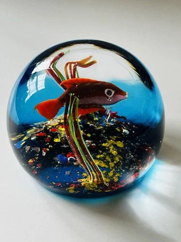 Vintage Murano ?  Red Fish Aquarium Ocean Art Glass Multi Color Paperweight 3”