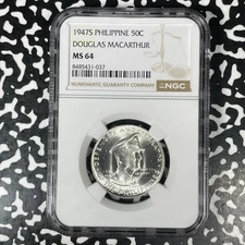 1947-S Philippines MacArthur 50 Centavos NGC MS64 Lot#G1447 Silver! Choice UNC!