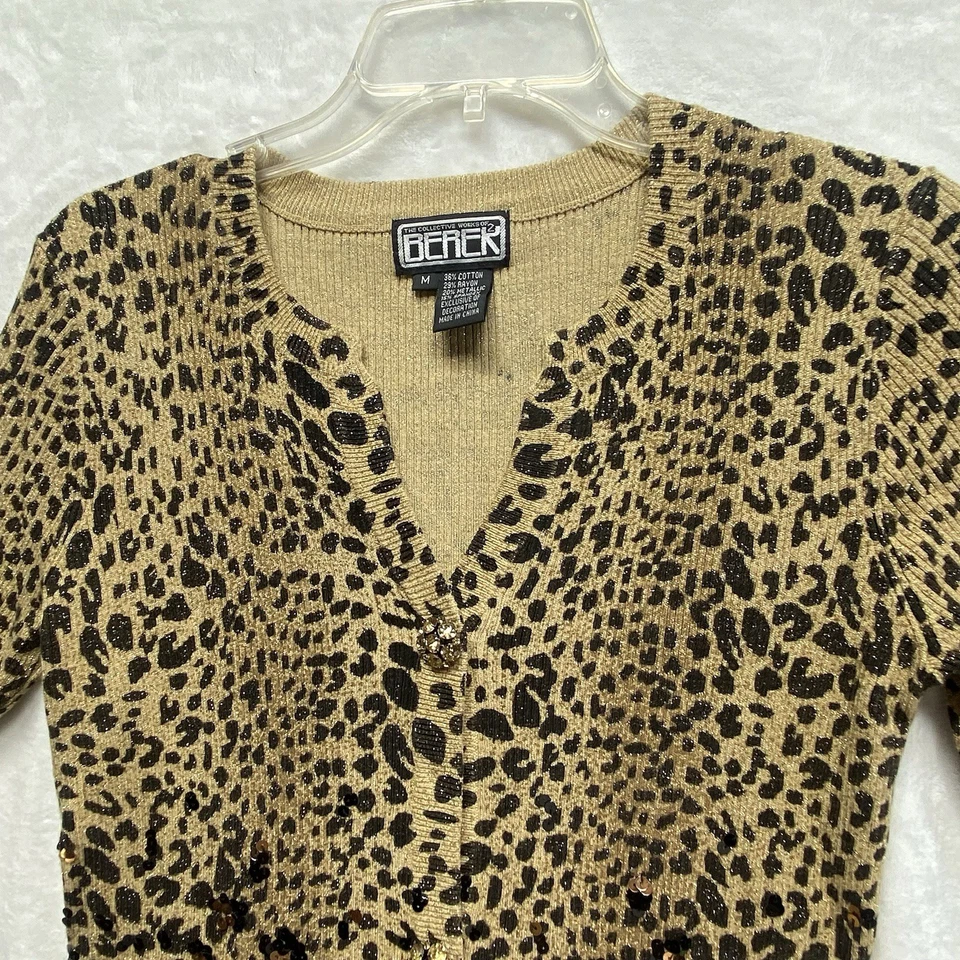 Cárdigan suéter acanalado con botones estampado animal negro/marrón talla M de Berek para mujer Foto 3 de 4