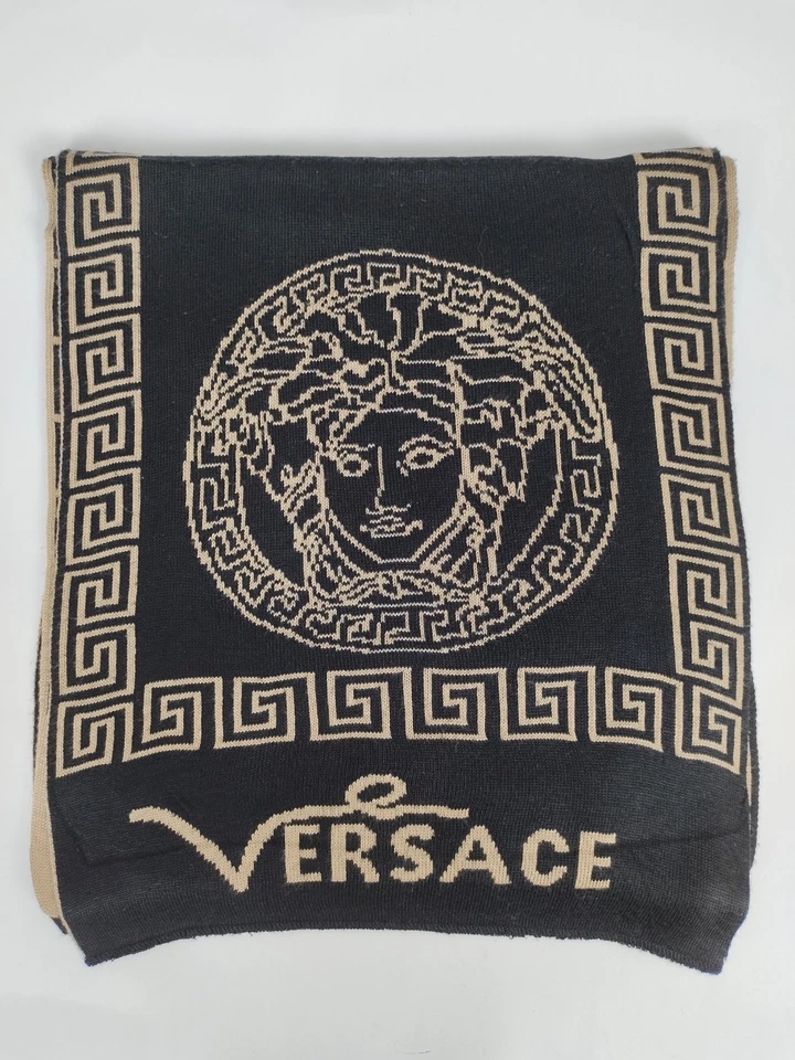 Bufanda de invierno Versace genuina vintage estampada negra/marrón lana Foto 2 de 4