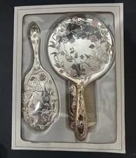 ROYAL GALLERY VTG 3 PIECE DRESSER SET ROSE REFLECTIONS MIRROR, BRUSH, COMB- NIB