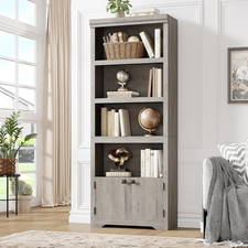 69'' Tall 5-Tier Farmhouse Bookshelf with Doors Adjustable Shelves - Grey