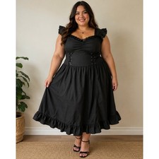 Belle Poque Black Lace Trim Midi Dress Plus Size 2XL Lace Up Back Cottagecore