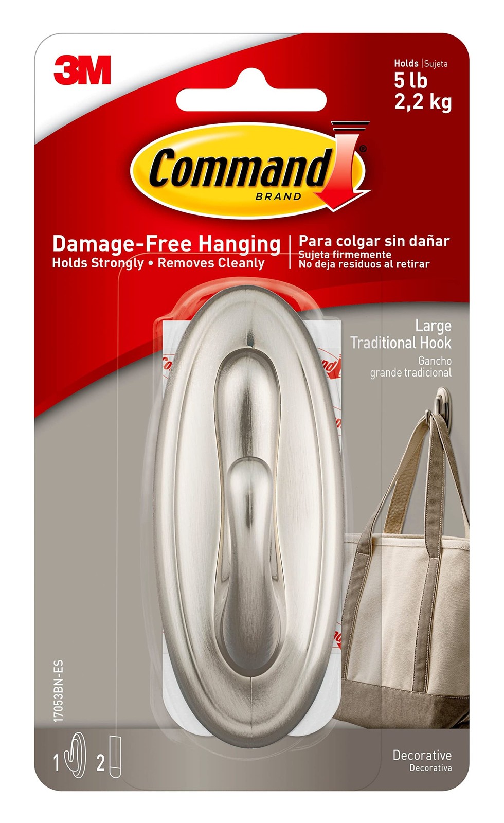 3M 17053BN Traditional Plastic Hook, Large, Brushed Nickel