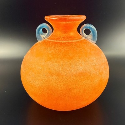 Franco Moretti Murano Glass Amphora Vase Frosted Orange Blue Handles