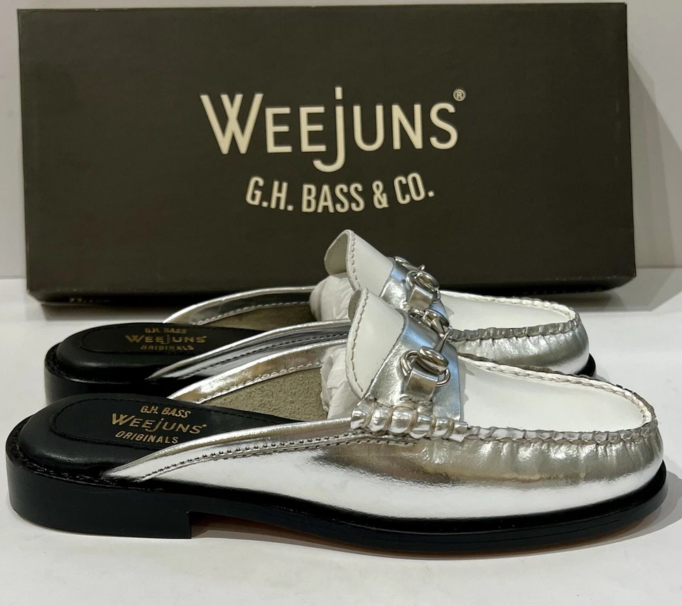 G.H Bass Lianna Mule Horsebit Loafer Leather Shoes Metallic Silver / White 5-11