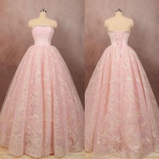 Pink Lace A Line Wedding Gown Beaded Neck Ball Gown Strapless Tulle Bridal Gowns