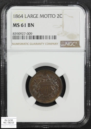 1864 Large Motto Copper Two Cent Piece 2C NGC MS 61 BN