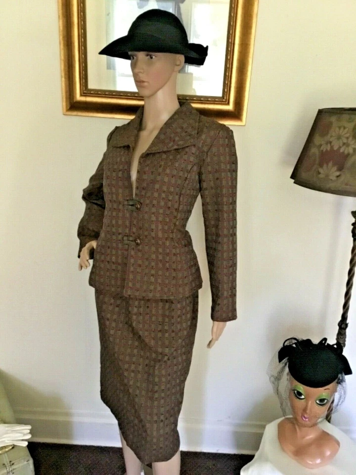 60’s Vintage Green Maroon Gingham Jacket Rockabilly Midi Skirt Suit - Image 3 of 4