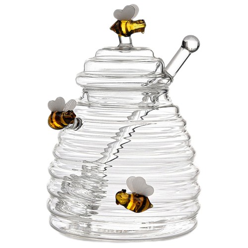 Honey Jar Glass Honey Dispenser Glass Honey Jar With Dipper Lid Kitchen - Picture 7 of 11