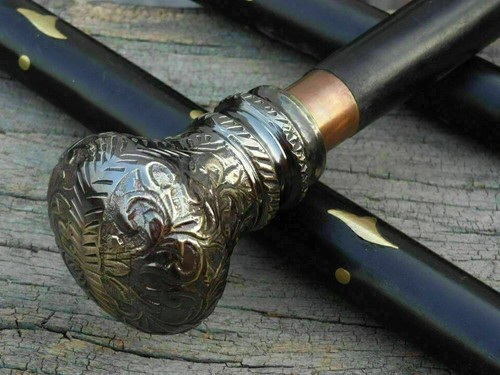 Victorian Antique Brass Knob Head Handle Black Wooden Walking Stick Cane Style - Picture 2 of 5