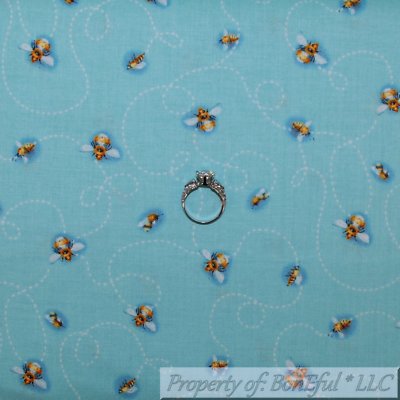 BonEful FABRIC FQ Cotton Quilt VTG Blue White Yellow Honey Comb Bumble Bee Hive