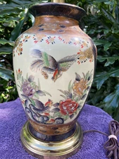 Vintage Japanese Ceramic Hand Painted Lamp with Song Birds Flowers Gorgeous