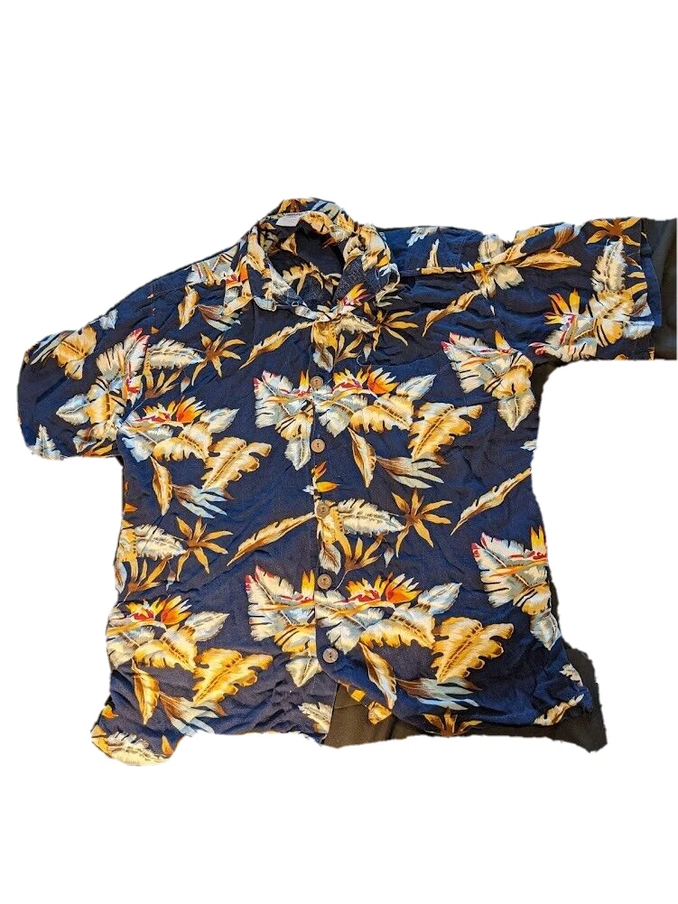 Men's XL Pineapple Lava Hawaiian Shirt Floral Gold/White/Silver Leave 100% Rayon