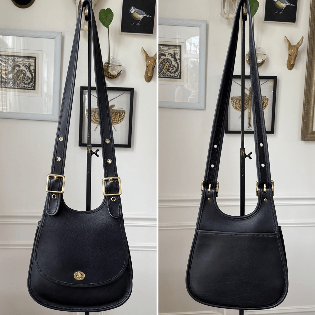 Vintage 90s Coach Crescent Saddle Bag Black Leather Brass