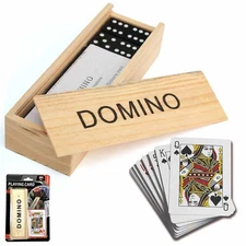 Playing Cards Domino Game Set Wooden Box Traditional Classic Family Play Games