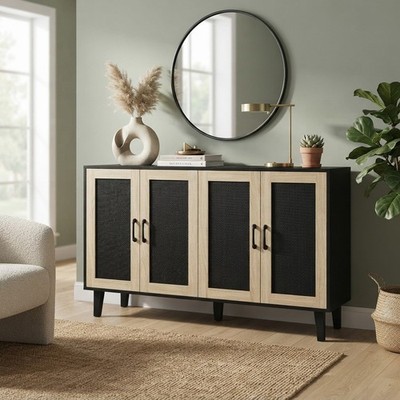 Vielseitiges schwarzes Sideboard mit Rattan-Akzenten - ideal für Ess- & Wohnzimmer