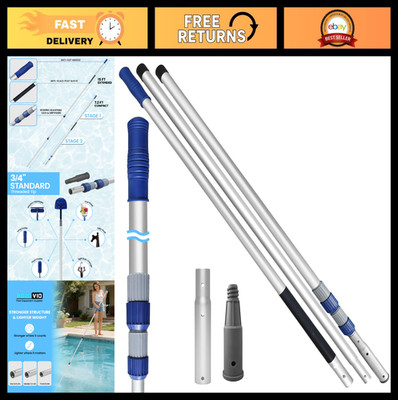 15FT Telescopic Pool Cleaning Pole - 3-Piece, Universal Threaded Tips, 2-in-1 De