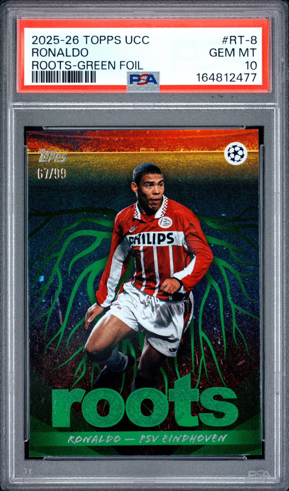 2025-2026 TOPPS UEFA CLUB COMPETITIONS ROOTS GREEN FOIL RONALDO 67/99 PSA 10