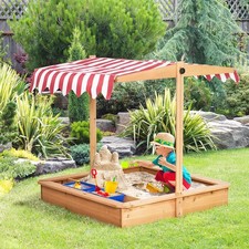 Kids Sandbox with Cover w/ Adjustable Canopy Seats Plastic Basins for Backyard