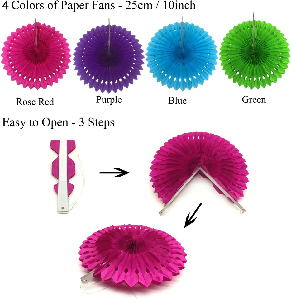 Party Decoration, 21 Pcs Multi-Color Hanging Paper Fans Pom Poms Flowers Garland - Image 3 of 4
