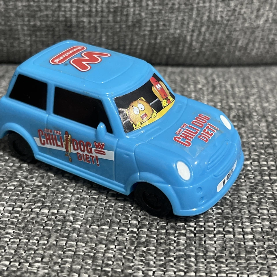 RARO HTF VINTAGE K21 colecionável WIENERSCHNITZEL Chili Dog DIET carro de brinquedo azul 🚖 - Imagem 3 de 4