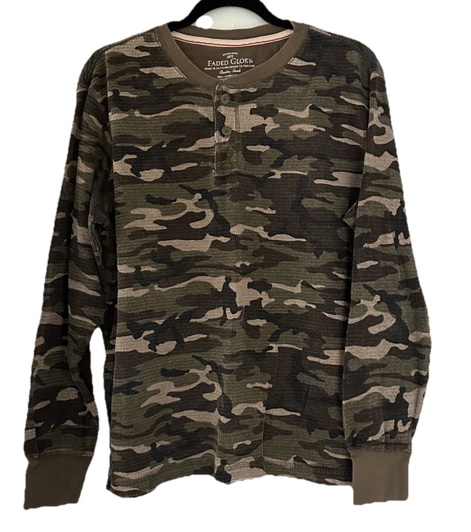 Vintage Y2K Faded Glory Mens XL Green Camo Thermal Henley Shirt | eBay