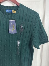 NWT Polo Ralph Lauren RL Beaded Big Pony Cable Knit Short Sleeve Sweater L New