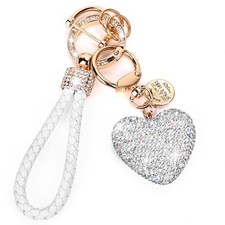 Car Keychain for Women with Rhinestone Heart Shape Bling Girl Small, A-white