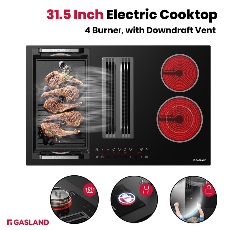 GASLAND 4 Burners Electric Cooktop 31.5 inch w/Downdraft Vent & 330 CFM Exhaust