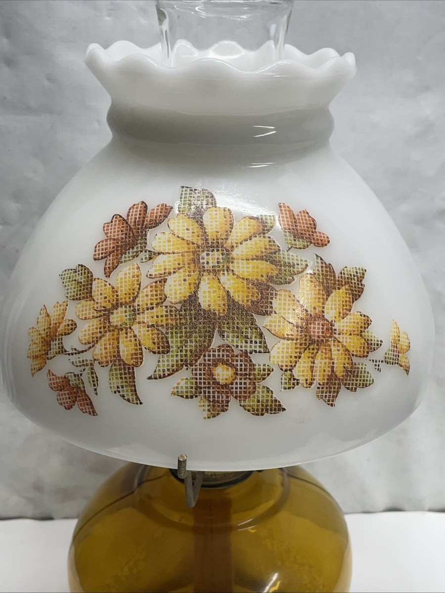 Vintage Amber Milk Glass Oil Lamp Cross Stitch Daisies Transfer